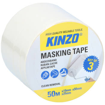 Kinzo Afplaktape/schilderstape - 3x verschillende maten - wit - 19/25/50mm x 5m - binnen/buiten - Tape (klussen)