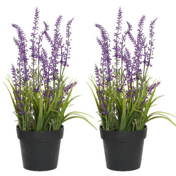 2x stuks lavendel kunstplant in pot - fuchsia paars - D15 x H30 cm - Kunstplanten