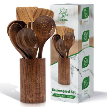 Bikolo® - Keukengerei Set 7-Delig + Houder - Kookgerei Set - Houten Spatel - Spatelpot - Lepelpot - Spatelset - Teakhout