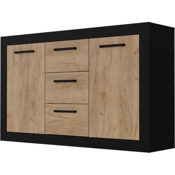 STONE INDUS dressoir 2 deuren + 3 lades - Rustiek eiken en zwarte melamine - Industriële stijl - L147 x D37 x H89 cm