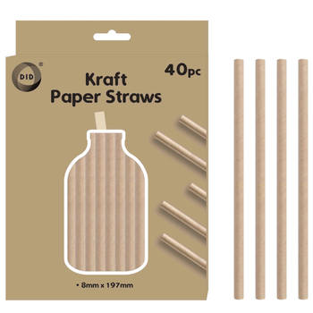 DID Kraftpapier rietjes - 40x stuks - naturel - 20cm x 0.8cm - Drinkrietjes