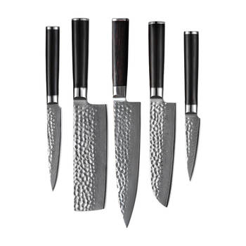 Shinrai Japan - Messenset - 5 delig - Koksmes - Japanse Messen - Mes - Hammered Damascus BR - Met Luxe Geschenkdoos