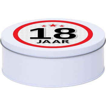 Wit bewaarblik/opbergblik 18 cm met 18 jaar sticker - Cadeaudoosjes