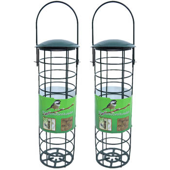 2x stuks vogel voedersilo voor vetbollen metaal groen 23 cm - Vogel voedersilo