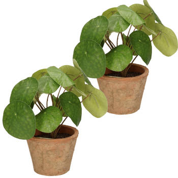 2x Groene kunstplanten pilea plant in pot 25 cm - Kunstplanten