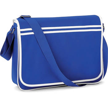 Retro schooltas/laptoptas met verstelbare schouderband blauw/wit - Schoudertas