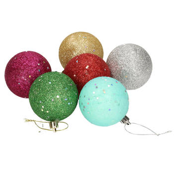 6x Gekleurde onbreekbare kerstballen met glitters 6 cm - Kerstbal
