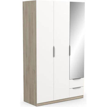 GHOST kledingkast - Kronberg eiken en mat wit decor - 3 deuren + 2 laden + 1 spiegel - L.119,4 x D.51,1 x H.203 cm