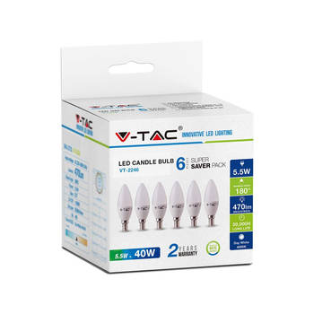 V-TAC VT-2246 E14 Witte LED Lampen - RTL - Kaars - 6PC - Set - IP20 - 5.5W - 470 Lumen - 2700K