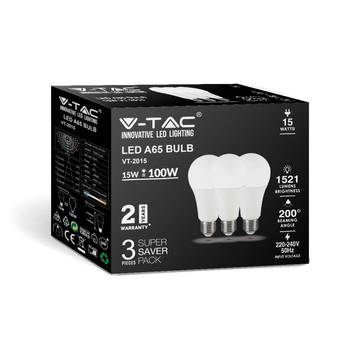 V-TAC VT-2015-3PC-N E27 Witte LED Lampen - RTL - GLS - 3PC Set - IP20 - 15W - 1521 Lumen - 6500K