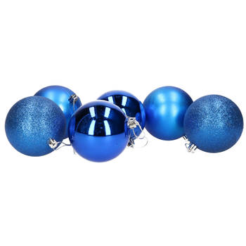 Gerimport Kerstballen - 6 stuks - blauw - kunststof - D8 cm - Kerstbal