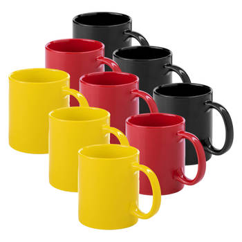 Bellatio Design Koffie mokken/drinkbekers Auxerre - 9x - keramiek - geel/rood/zwart - 370 ml - Bekers