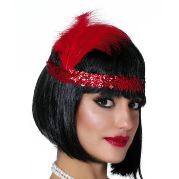 Charleston Flapper Hoofdband - met veer en glitters - rood - Dames - jaren 20/Twenties thema - Verkleedhaardecoratie