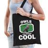 Katoenen tasje owls are serious cool zwart - uilen/ velduil cadeau tas - Feest Boodschappentassen