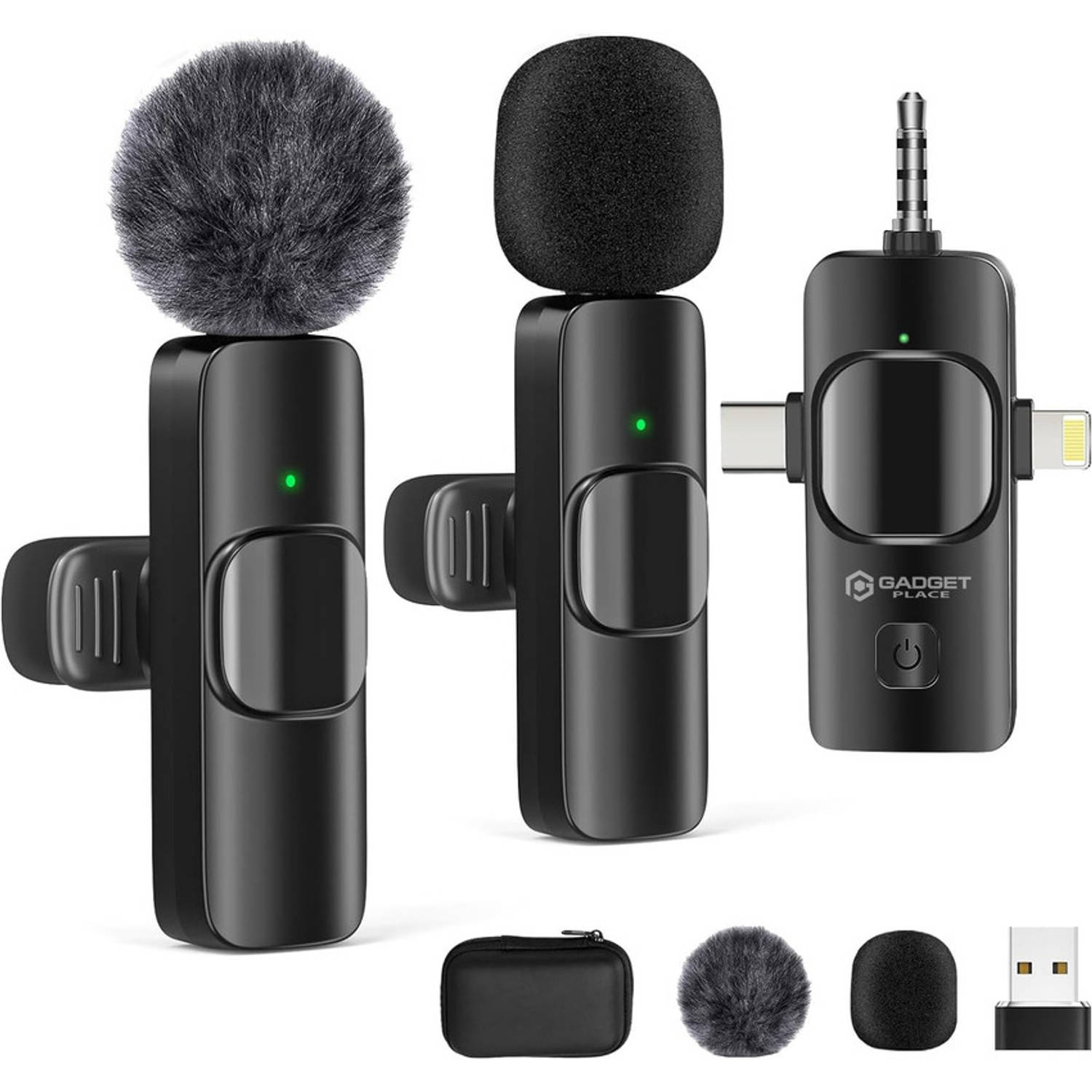 Gadgetplace Draadloze Microfoon 2 stuks met Beschermcase - Plug & Play - USB C/Lightning/USB A/Aux - Lavalier Dasspeld Microfoon - Mini Bluetooth microfoon