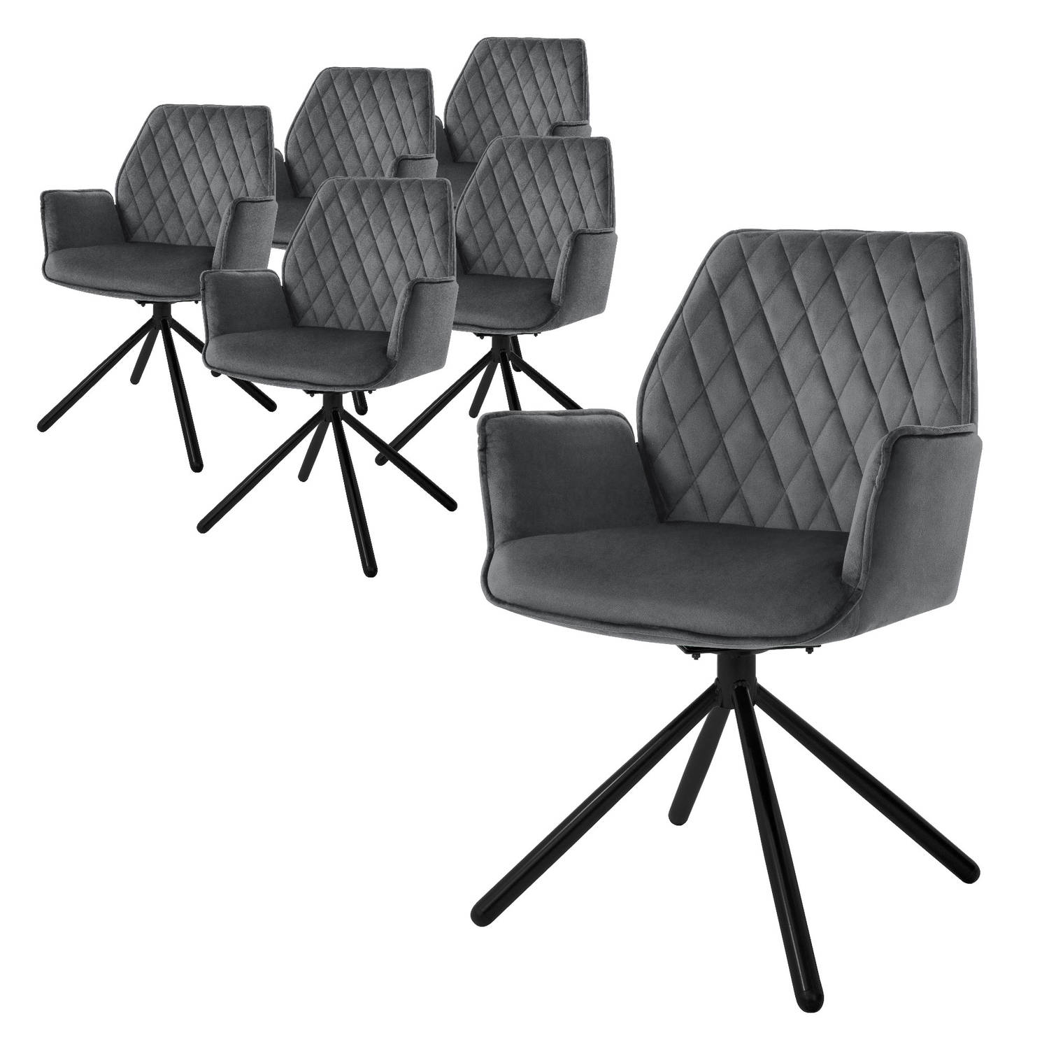 ML-Design eetkamerstoelen set van 6 fluweel antraciet, woonkamerstoel met armleuning en rugleuning, draaistoel autostoel, gestoffeerde stoel met metalen poten, ergonomische draaifa