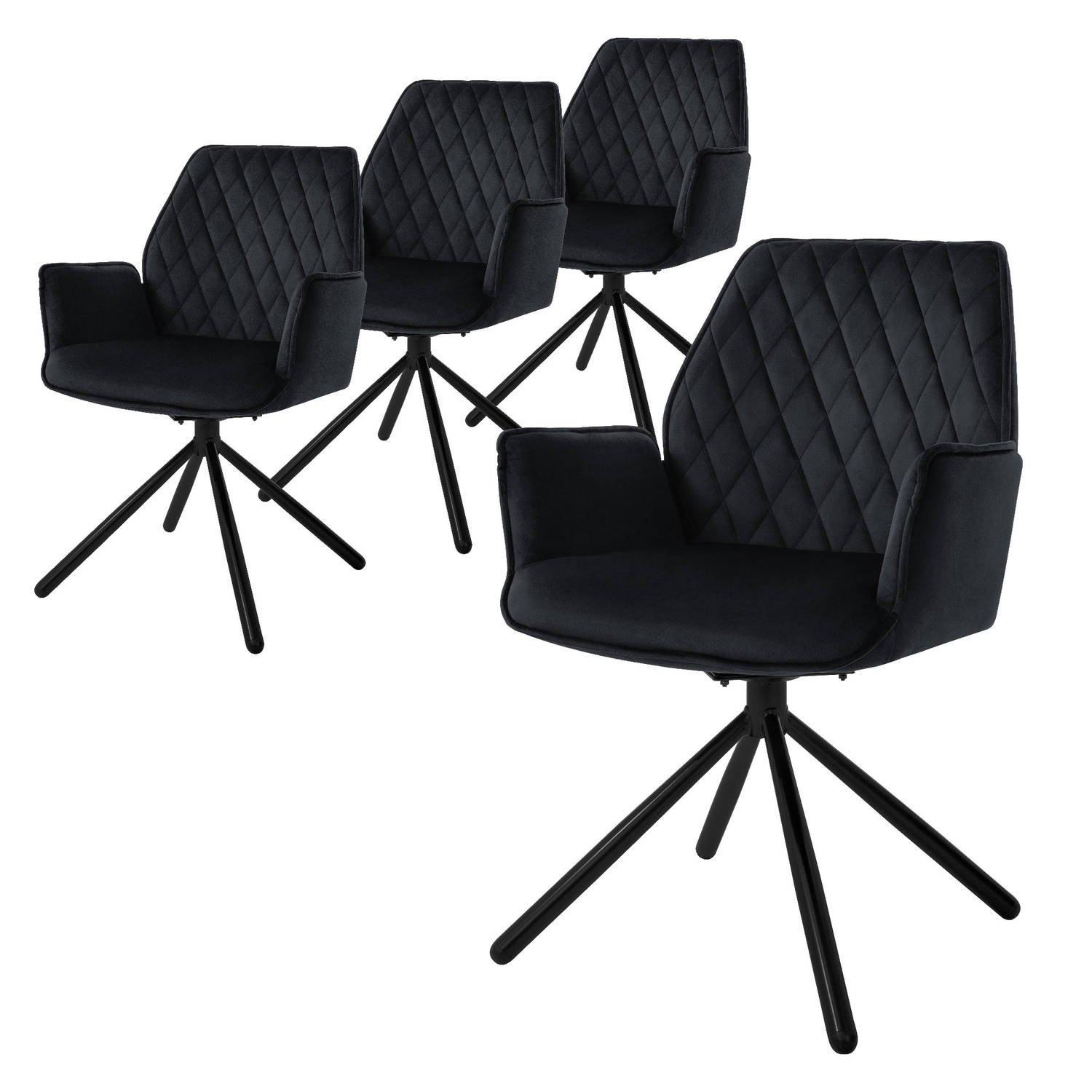 ML-Design eetkamerstoelen set van 4 fluweel, zwart, woonkamerstoel met arm en rugleuning, draaistoel autostoel, gestoffeerde stoel met metalen poten, ergonomische draaifauteuil, ke
