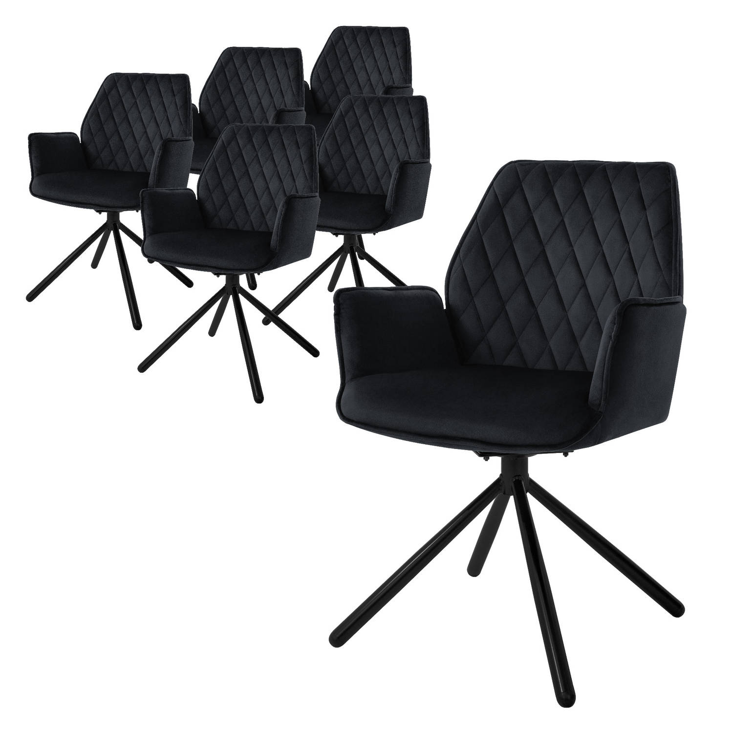 ML-Design eetkamerstoelen set van 6 fluweel, zwart, woonkamerstoel met arm en rugleuning, draaistoel autostoel, gestoffeerde stoel met metalen poten, ergonomische draaifauteuil, ke