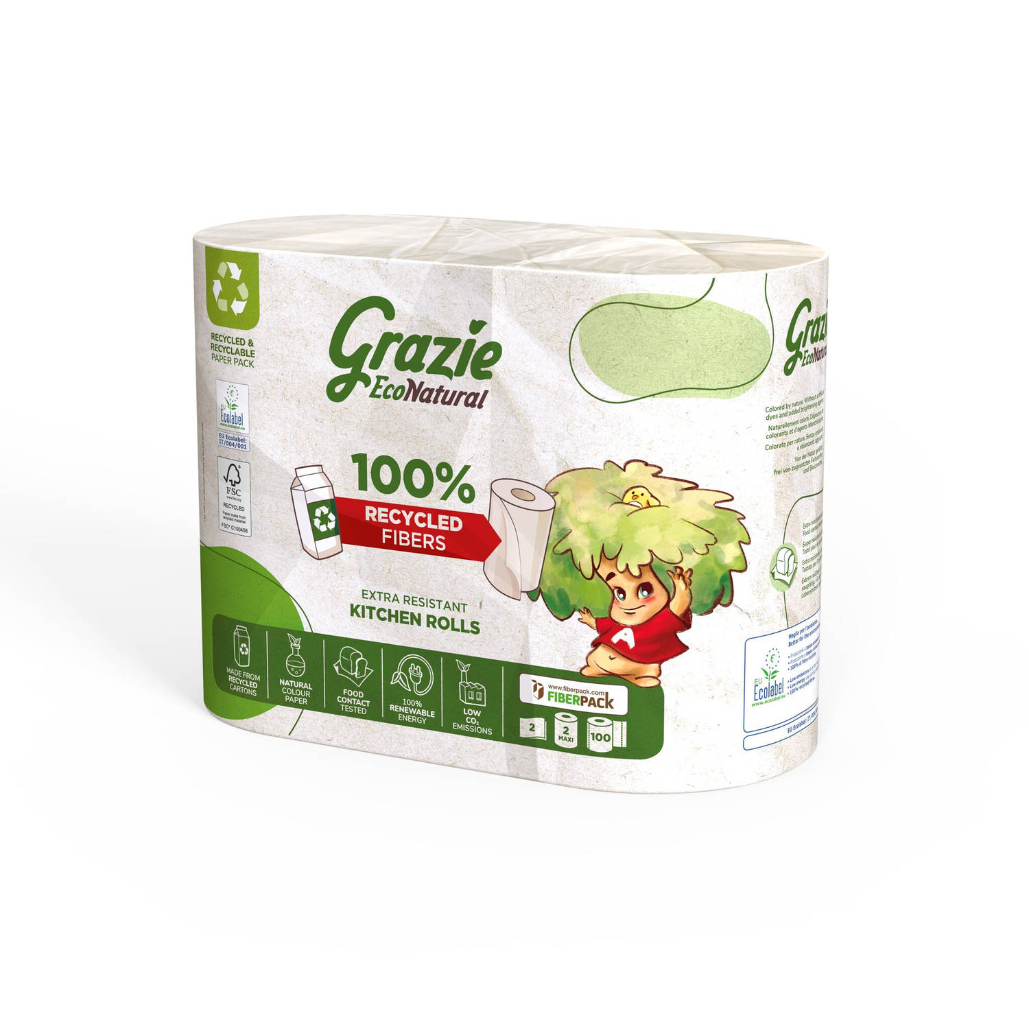 Grazie Natural 2-laags keukenrol - 2 rollen - recycled drankkarton - Zacht voor huid - Milieuvriendelijk - Ecolabel-gecertificeerd