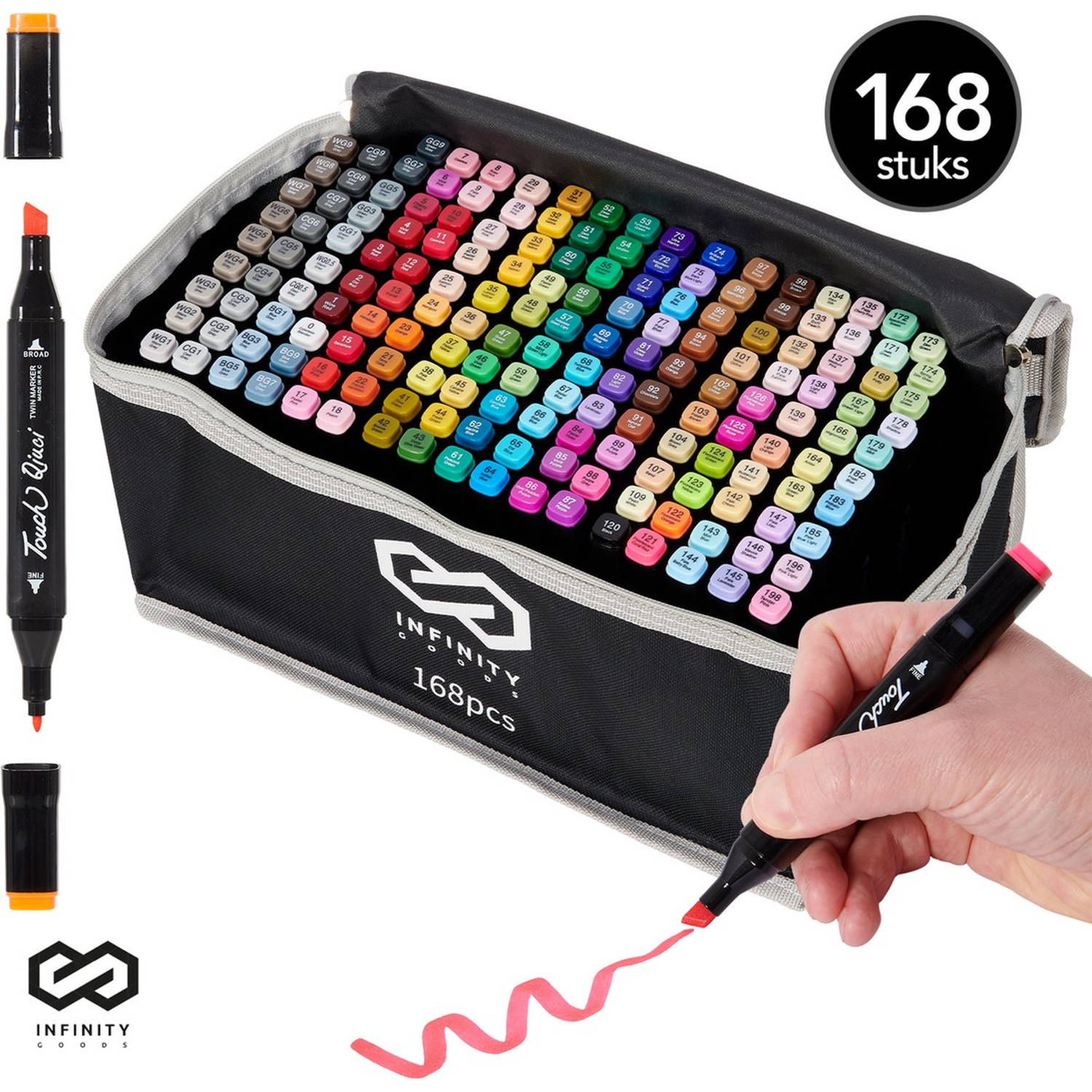 Infinity Goods Twinmarkers 168 Stuks - Professionele Alcohol Markers - Dubbelzijdige Tip - Stiften - Opbergtas Met Houder