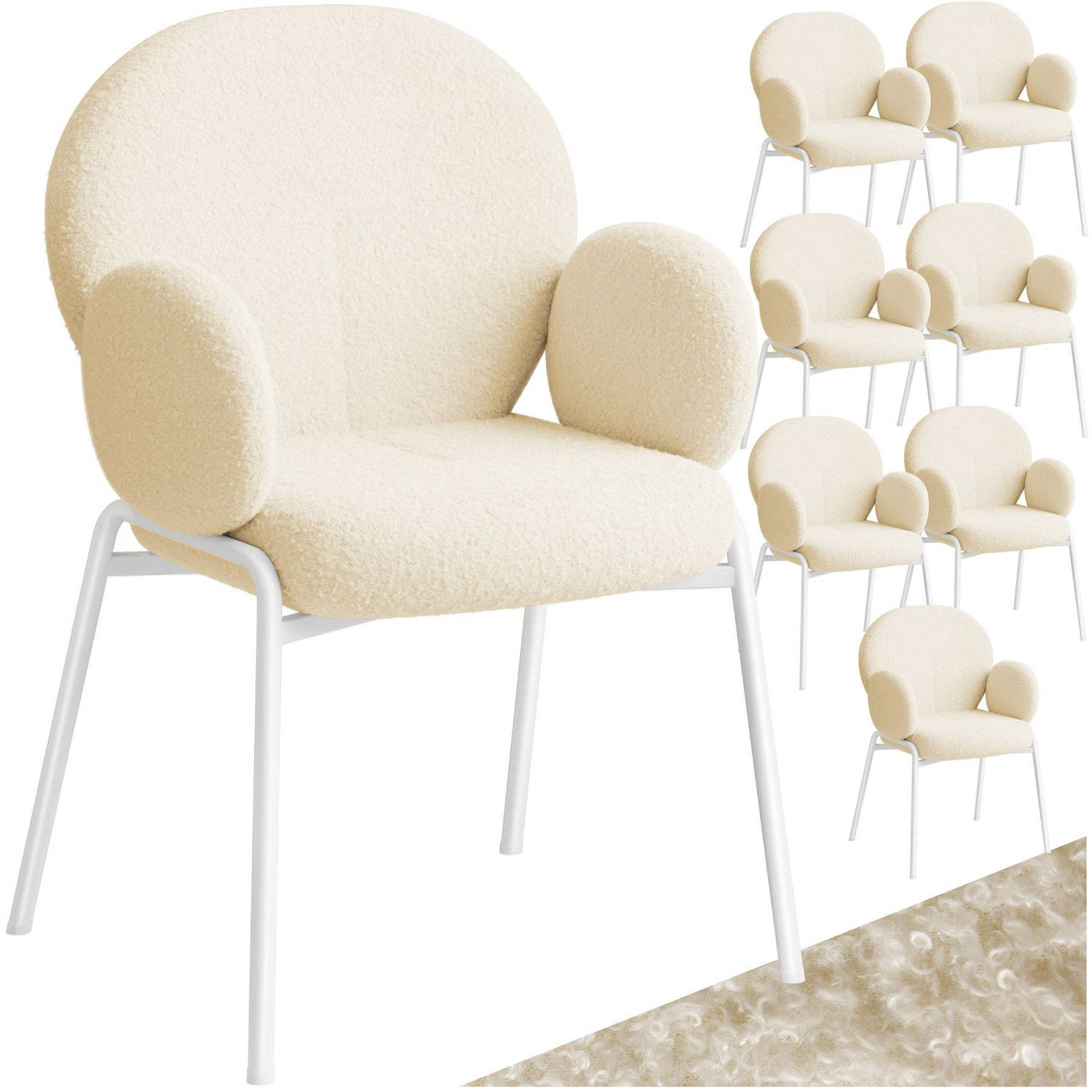 tectake® set van 8 eetkamerstoelen met armleuningen- modern keukenmeubilair met bouclé teddystof bekleding- eetkamerstoelen- woonkamerfauteuils- eetkamerstoel- keukenstoelen voor e