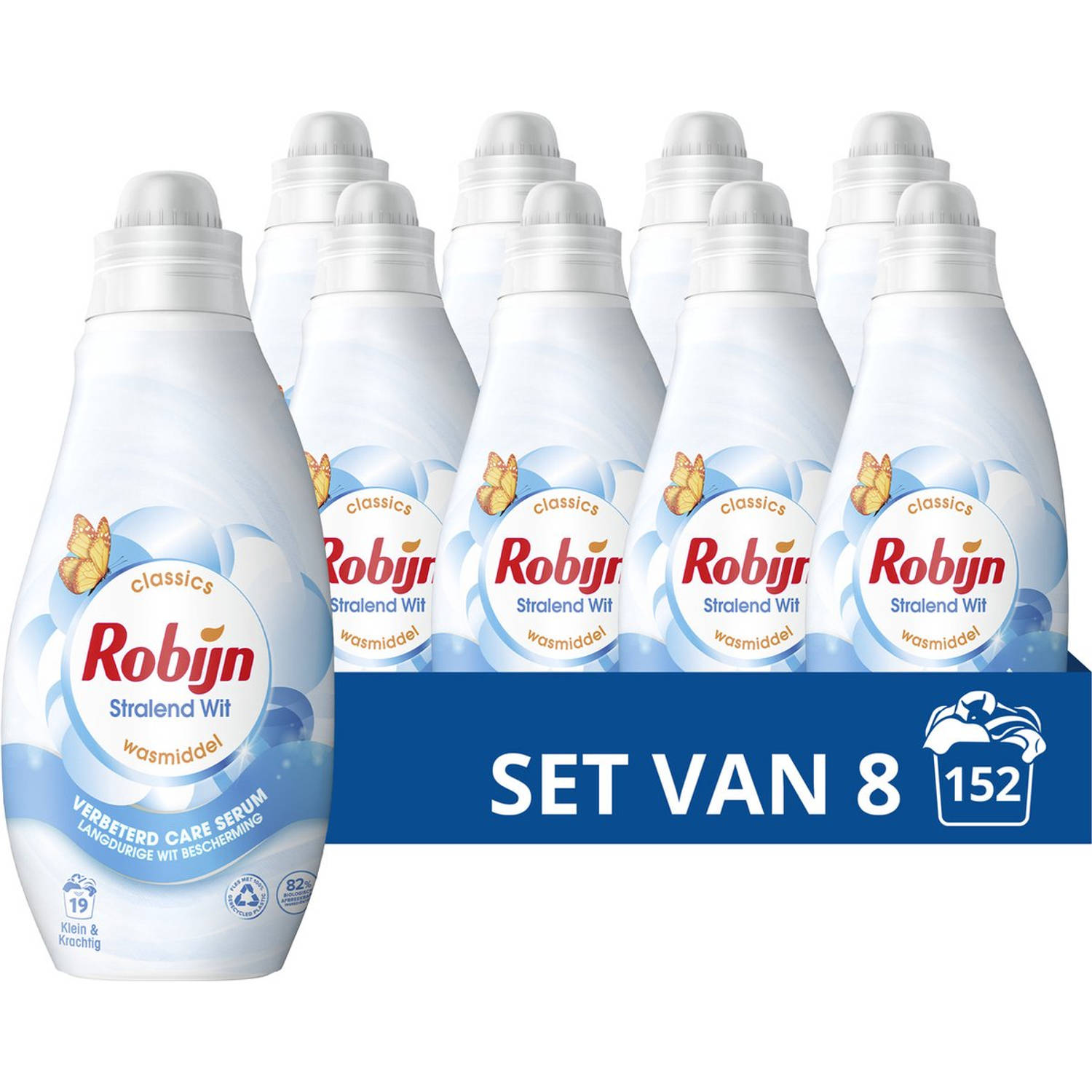 Robijn Klein & Krachtig Classics Vloeibaar Wasmiddel - Stralend Wit - met Care Serum en 82% biologisch afbreekbare ingrediënten - 8 x 19 wasbeurten
