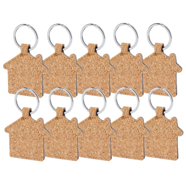 Sleutelhanger met huisje - 10x - kurk/metaal - 5 x 6 cm - eigen huis/nieuw huis - Sleutelhangers