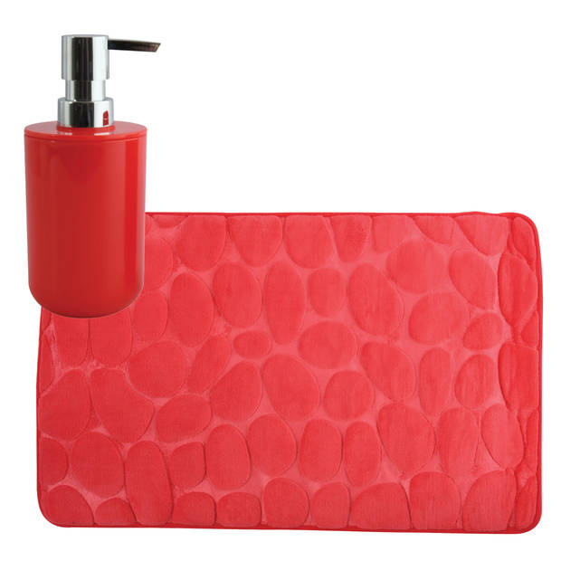 MSV badkamer droogloop mat/tapijt Kiezel - 50 x 80 cm - zelfde kleur zeeppompje - rood - Badmatjes