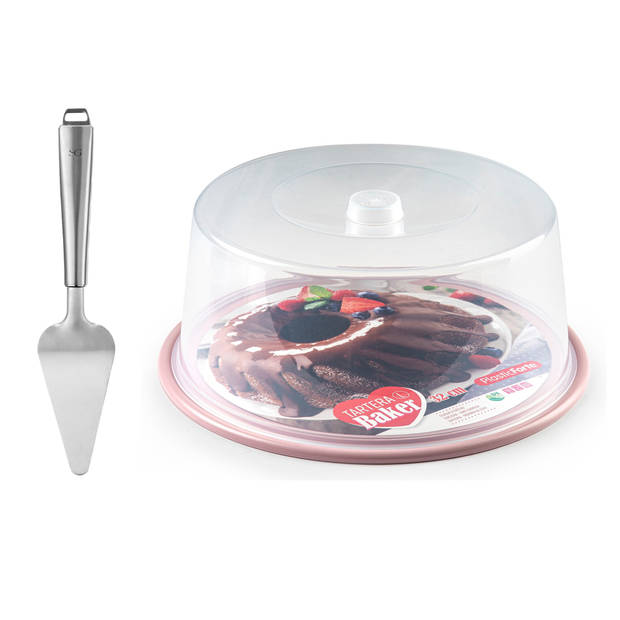 Plasticforte Taart/gebakjes bewaardoos - rond dia 32 cm - bodem roze - met taartschep rvs 27 cm - Taartplateaus
