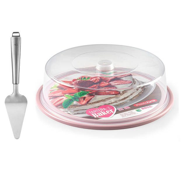 Plasticforte Taart/gebakjes bewaardoos - rond dia 32 cm - bodem roze - met taartschep rvs 27 cm - Taartplateaus