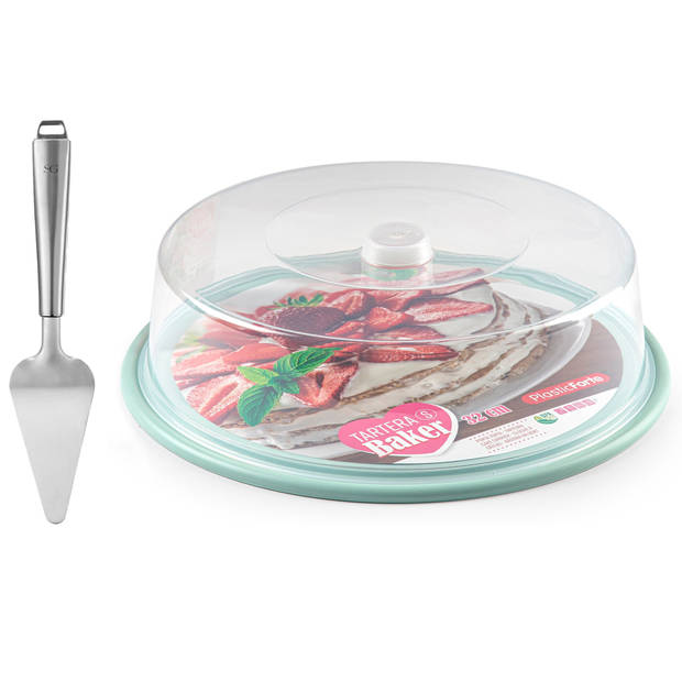 Plasticforte Taart/gebakjes bewaardoos - rond dia 32 cm - bodem mintgroen - met taartschep rvs 27 cm - Taartplateaus