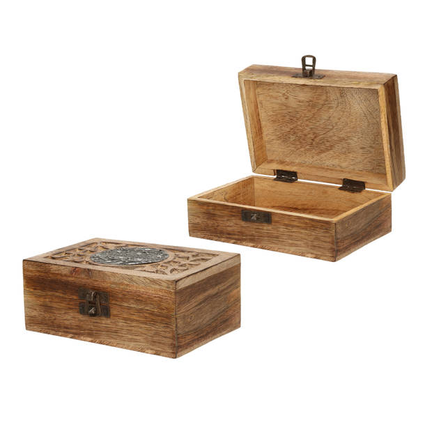 Sieradenkistje/opbergkistje - 2x - bewerkt hout - 15 x 10 x 6 cm - Sieradendozen