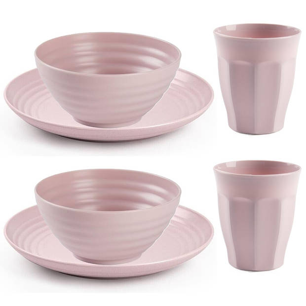 Plasticforte Camping Servies set - kunststof - roze - 6x borden/6x drinkbekers/6x kommetjes - Campingborden