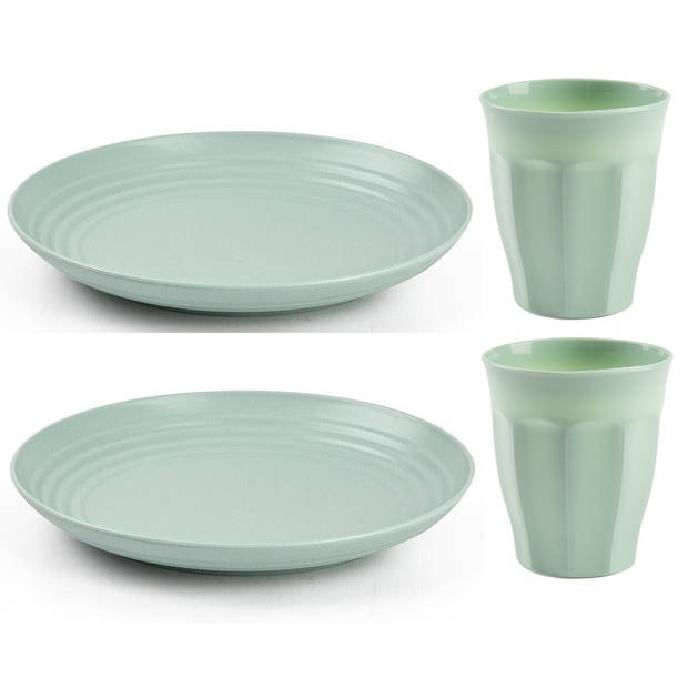 Plasticforte camping servies van kunststof - 6x dinerborden en 6x drinkbekers - mintgroen - onbreekbaar - Campingborden