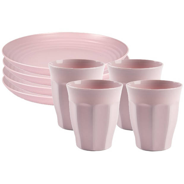 Plasticforte camping servies van kunststof - 8x dinerborden en 8x drinkbekers - roze - onbreekbaar - Campingborden