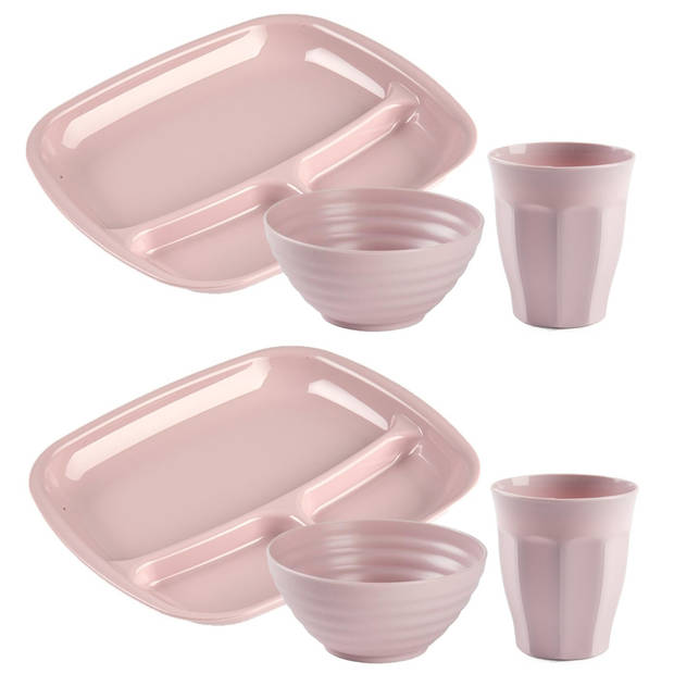 Plasticforte Camping Servies 18 delig - kunststof - roze - 6x borden/6x drinkbekers/6x kommetjes - Campingborden