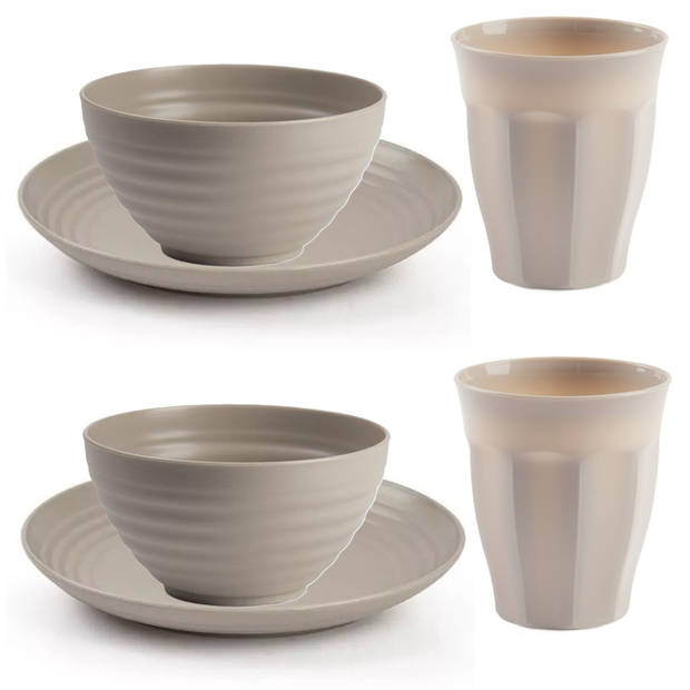 Plasticforte Camping Servies set - kunststof - beige - 8x borden/8x drinkbekers/8x kommetjes - Campingborden