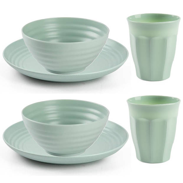 Plasticforte Camping Servies set - kunststof - mintgroen - 4x borden/4x drinkbekers/4x kommetjes - Campingborden