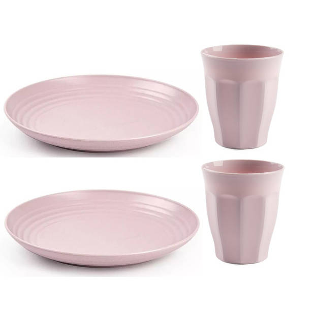 Plasticforte camping servies van kunststof - 6x dinerborden en 6x drinkbekers - roze - onbreekbaar - Campingborden