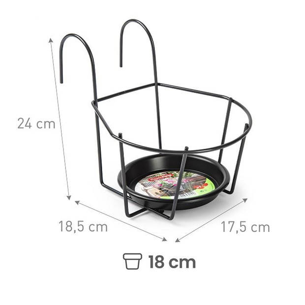 Balkon bloempothouder - 3x - bloembak met ophanging - zwart - 24 x 17 x 18 cm - rond - Plantenbakbeugels