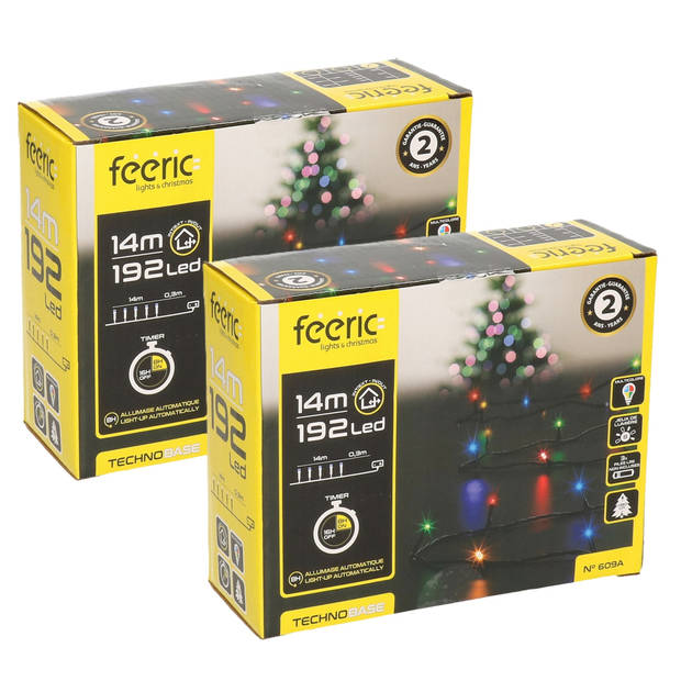 Feeric lights kerstverlichting - 2x - gekleurd - 14 m - 192 leds - batterij - Kerstverlichting kerstboom