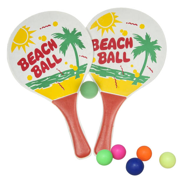 Gebro Beachball set - hout - kleurenmix - strand sport speelset - met 6x balletjes - Beachballsets