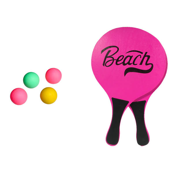 Gebro strand Beachball set - hout - roze - strand sport speelset - met 5x balletjes - Beachballsets