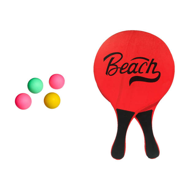 Gebro strand Beachball set - hout - rood - strand sport speelset - met 5x balletjes - Beachballsets