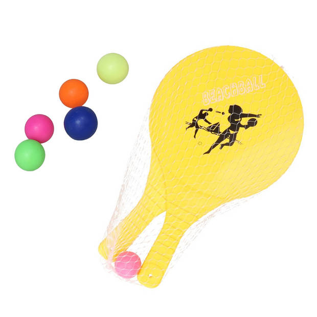 Beachball set geel - kunststof - 6x multi kleur balletjes - rubber - strandbal speelset - Beachballsets
