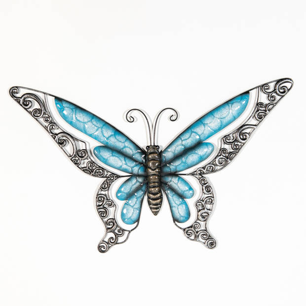 Anna Collection Wanddecoratie vlinders - 2x - blauw/groen - 49 x 28 cm - metaal - muurdecoratie - Tuinbeelden