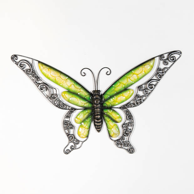 Anna Collection Wanddecoratie vlinders - 2x - groen/oranje - 36 x 21 cm/49 x 28 - metaal - muurdeco - Tuinbeelden