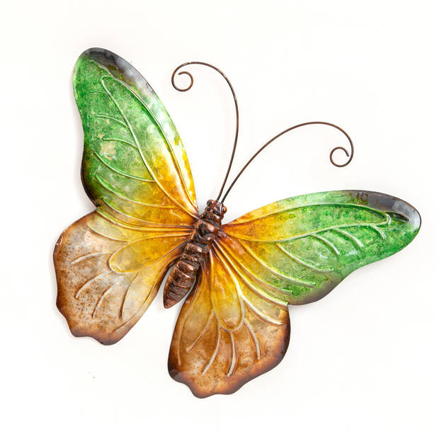 Anna Collection Wanddecoratie vlinders - 2x - groen/roze - 44 x 32 cm - metaal - muurdecoratie - Tuinbeelden