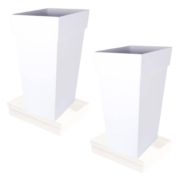 Set van 2x stuks bloempotten Toscane vierkant kunststof wit 43 x 43 x 80 cm inclusief onderschalen - Plantenpotten