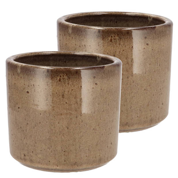 DK Design Bloempot model Brown Glaze - 2x - taupe - D12 x H13 cm - glanzend - Plantenpotten